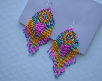 Fuchsia pink and turquoise beaded earrings - Bohemian/Hippie bead earrings - Dangle/native seed bead earrings - Extra long bead earrings