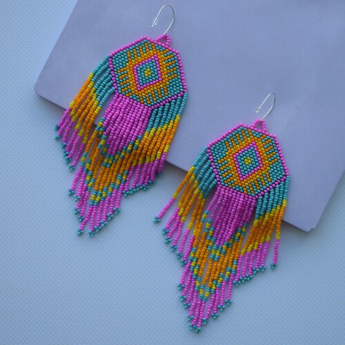 Fuchsia Pink and Turquoise Beaded Earrings Bohemian/hippie - Etsy