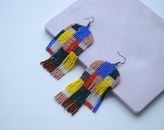 Abstract geometric earrings Beadwork earrings Art lover Seed bead Boho earrings Long beaded Fringe earrings Large earring Statement earrings