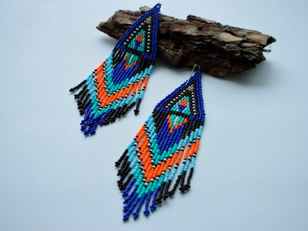 Navy Blue Beaded Earrings, Native American Earrings, Extra Long