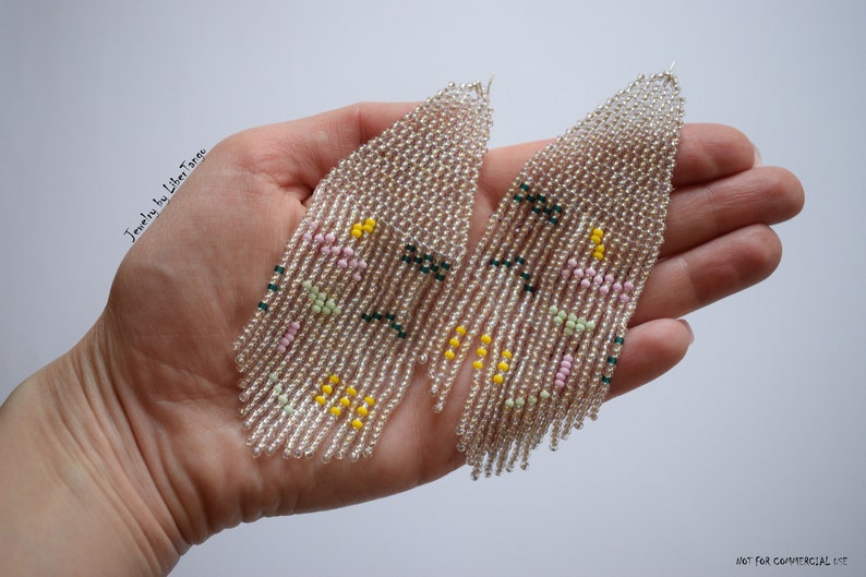 Beaded earrings Fringe earrings Bead tassel earrings Beadwork Geometric earrings Abstract bead earrings Seed bead earrings Long earrings