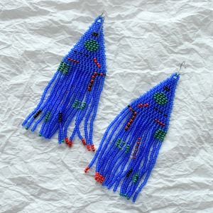 Boho Blue Beaded Fringe Earrings – Handmade Seed Bead Jewelry
