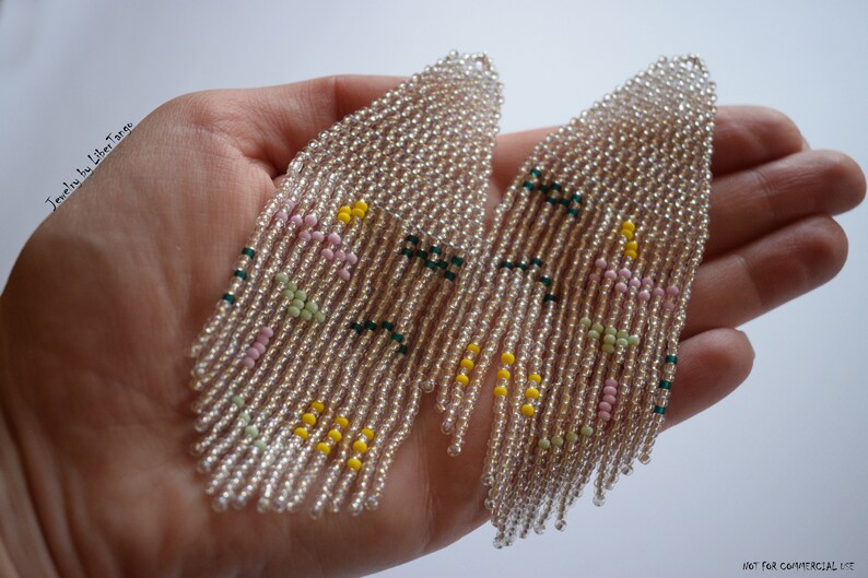 Beaded earrings Fringe earrings Bead tassel earrings Beadwork Geometric earrings Abstract bead earrings Seed bead earrings Long earrings