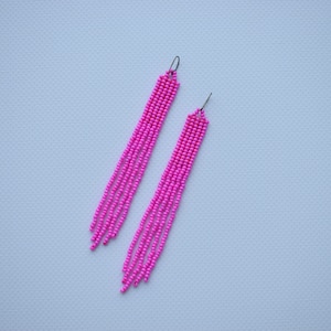 Fuchsia pink beaded earrings/Boho seed bead earrings/Long earrings/Slim fringe bead earrings/Jewelry gift for her/Ligtweight earrings