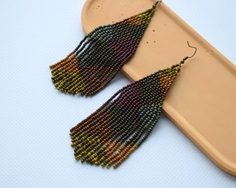 Abstract beaded earrings - Boho dangle earrings - Fringe bead earrings - Geometric seed bead earrings - Unusual handmade earrings