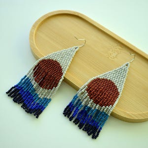 Mountains earrings, Sunset beaded earrings, Nature, Fringe Seed bead earrings, Handwoven, Landscape, Statement, Moon earrings, Modern, Boho