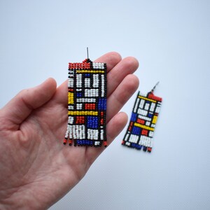 Mondrian inspired beaded earrings, Abstract earrings, Geometric earrings, Beadwork earrings, Art lover seed bead earrings, Colorful earrings