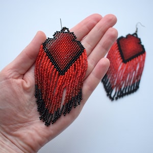 Long red beaded earrings - Fringe dangle earrings, Statement, Boho, Bohemian monochrome earrings, Festival Party earrings, Casual jewelry