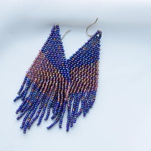 Navy blue earrings - Beaded earrings, Fringe earrings, Long earrings, Bohemian jewelry, Minimalist earrings