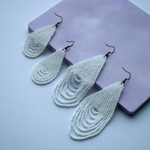 White beaded earrings - Gift for girl - Dangle seed bead earrings - Bridal beaded earrings - White fringe earrings - Statement jewelry