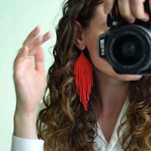 Red beaded earrings, Minimalist earrings, Fringe bead earrings, Long earrings, Seed bead earrings, Bohemian jewelry, Beadwork earrings