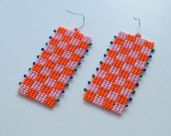 Pink Orange earrings, Bead earrings, Contemporary earrings, Geometric earrings, Minimalist earrings, Colorful jewelry