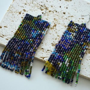 Abstract earrings - Beaded dangle earrings - Artistic Beadwork earrings Art lover gift - Green and Navy Blue