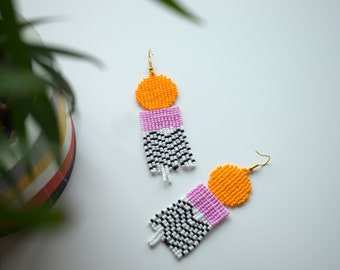 Pink Orange beaded earrings, Geometric seed bead earrings, Long fringe earrings, Bohemian earrings, Colorblock earrings, Mismatched earring