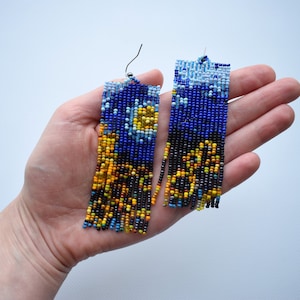 Van Gogh Sunflowers inspired earrings - Beaded dangle earrings - Artistic Beadwork earrings Art lover gift - Yellow and Navy Blue Flower