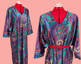 Psychedelic 60s 70s Paisley Colorful Kaftan Loungewear Maxi Dress XL Holiday