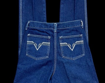 Jeans Chardon vintage des années 1970, délavage foncé indigo, taille haute 25 x 33 vacances