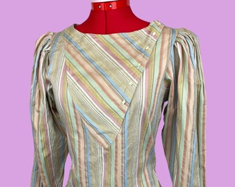 Vintage 70s Pastel Striped Puff Sleeve Side Button Blouse Jerri Sherman S