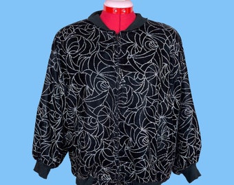 80s Vintage Black Velvet Spiderweb Sparkly Glitter Bomber Jacket XL-1X Holiday