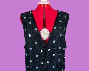 Vintage Black Silk Sparkly Sequined Beaded Layering Vest 80s XL