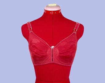 Vintage Red Bralette Bullet Bra Pinup Unlined Wirefree 1970s Lingerie 36C Valentines Day