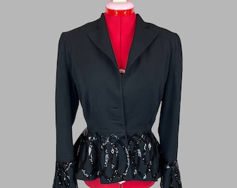 1950s Vintage Black Wool Sequined Peplum Cropped Vamp Jacket Dark Glam M