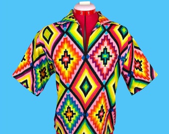 70s Vintage Colorful Southwestern Patterned Psychedelic Hippie Shirt Large