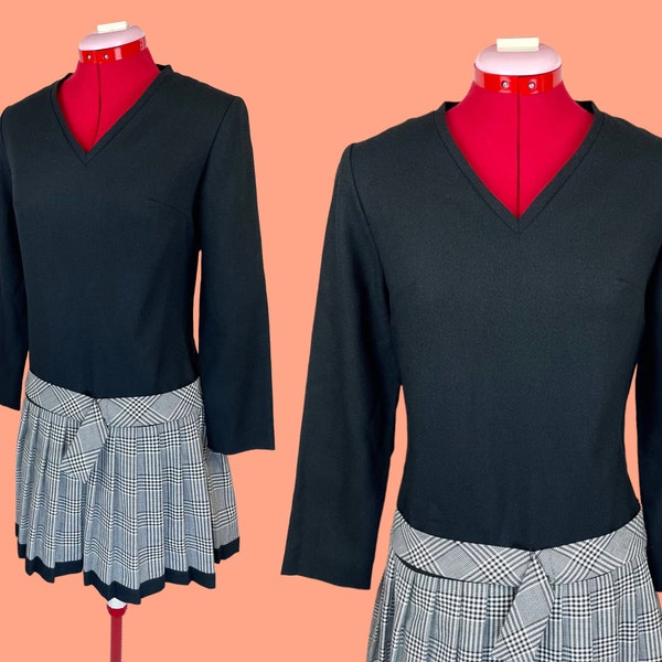 Vintage 60s 70s GoGo Black Plaid Mini Dress | Long Sleeved Pleated Schoolgirl Vintage S/M Holiday