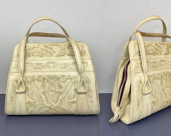 1970s Vintage Cream Tooled Leather Large Boho Western Handbag Purse