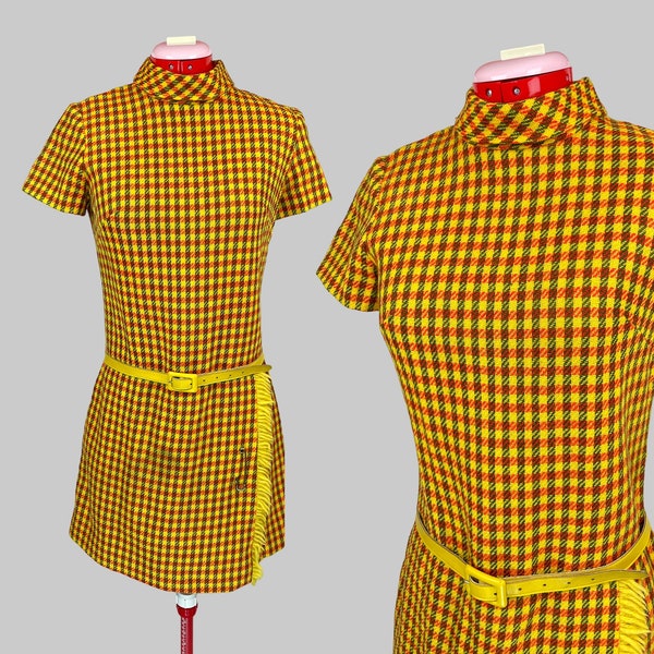 1960s Romper Vintage Yellow Mod Scottish Plaid Wool Mini Scooter Dress One Piece M