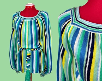 1960s Vintage Groovy GoGo Colorful Striped Belted Micro Mini Sweater Dress Hippie Mod S Holiday