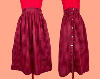 Vintage Laura Ashley Red Checkered Flannel Pleated Winter Riding Skirt 1980s XS