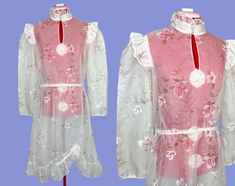 1970s Vintage Sheer Floral Prairie Dress Fairycore Victorian Style L