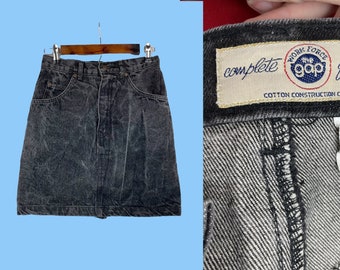 Vtg 1970s Gap Acid Wash Dark Gray Denim Punk Mini Skirt S