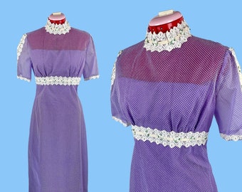 1970s Vintage Lilac Purple Swiss Dot Formal Prairie Dress | Bridesmaid Prom Fairycore M Halloween