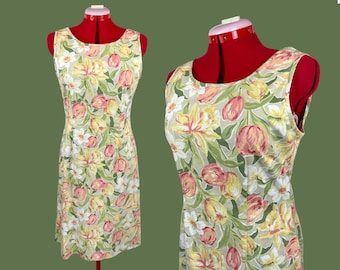 Vintage Laura Ashley Green Floral Tulip Sleeveless Tank Shift Dress 1990s Summer L