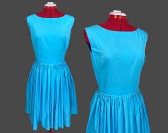 1950s Vintage Robin Egg Blue Fit and Flare Summer Party Tea Dress Cotton L W30 Holiday
