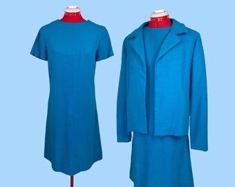 1960s Vintage Blue Wool Mod Shift Dress Suit 2-Piece Set Large