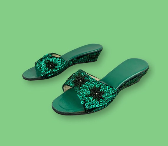 1940s Vintage Emerald Green Sequined Wedge Slide … - image 1