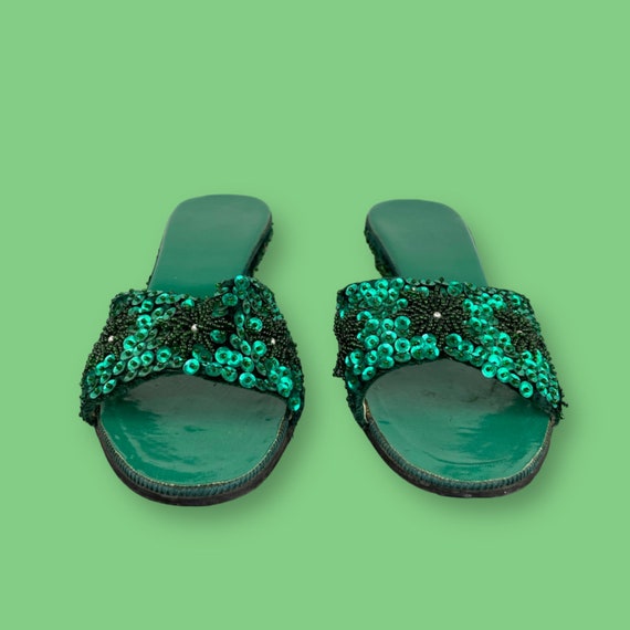 1940s Vintage Emerald Green Sequined Wedge Slide … - image 8