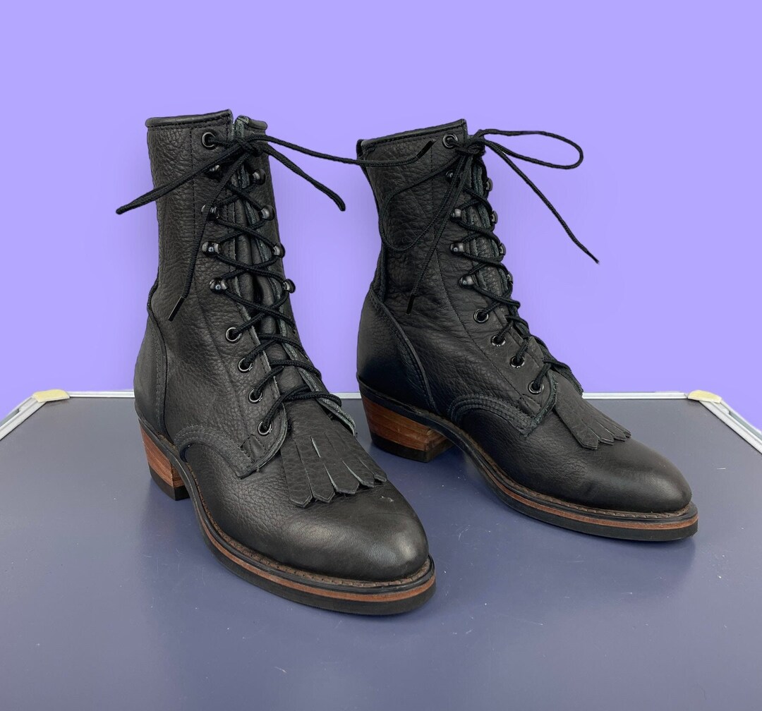 Black Full Grain Leather Durango Roper Boots Vibram Sole Vintage 90s