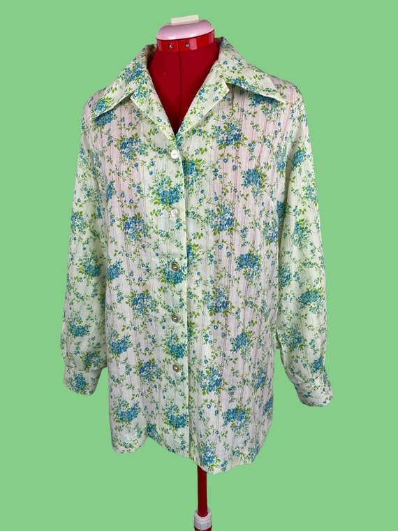 70s Blue Golf 3/4 Button Long Sleeve Dagger Collar Shirt S