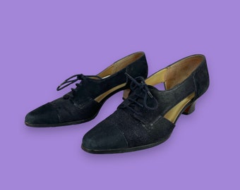 80s Vintage Black Pointed Edwardian Style Cutout Oxford Heels Sz 6 Holiday