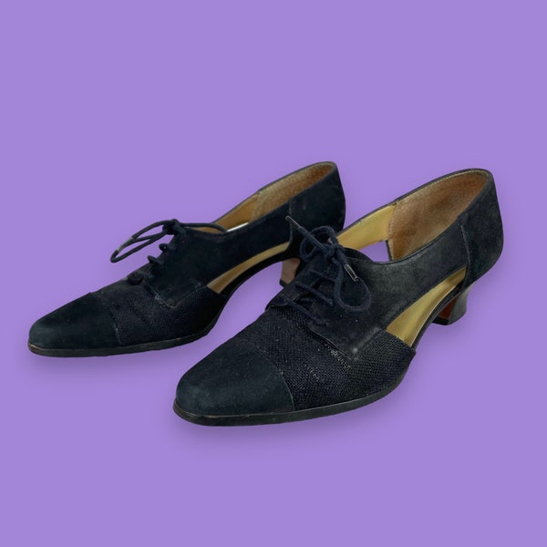 80s Vintage Black Pointed Edwardian Style Cutout Oxford Heels Sz 6 Holiday