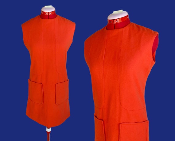 1960s Vintage Orange Mod Wool GoGo Shift Mini Dre… - image 1