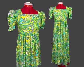 1960s Vintage Psychedelic Green Mod Paisley Milkmaid Cottagecore Maxi Dress S