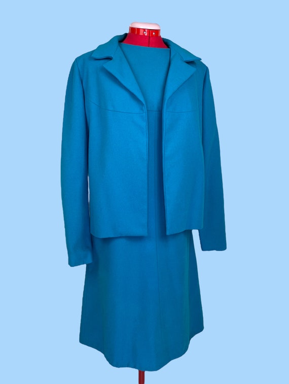 1960s Vintage Blue Wool Mod Shift Dress Suit 2-Pi… - image 7