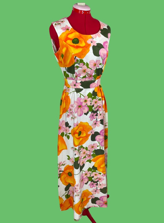 Amazing bright groovy floral barkcloth cotton 70s dream dress