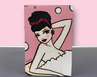 Retro Pinup Girl Pink Rockabilly Small Hanging Wall Art Bubble Bath Bathroom Decor Gift