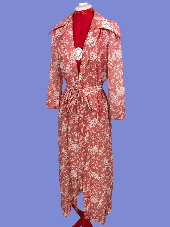 1970s Vintage Sheer Floral Terracotta Boudoir Rob… - image 2